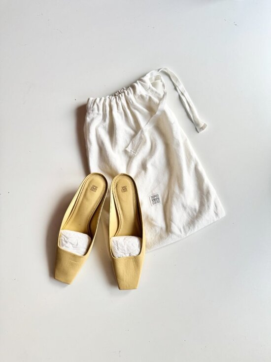 Toteme Shoes - TOTEME Butter Yellow Leather Square Toe Kitten Heel Mules Slides, Size 37